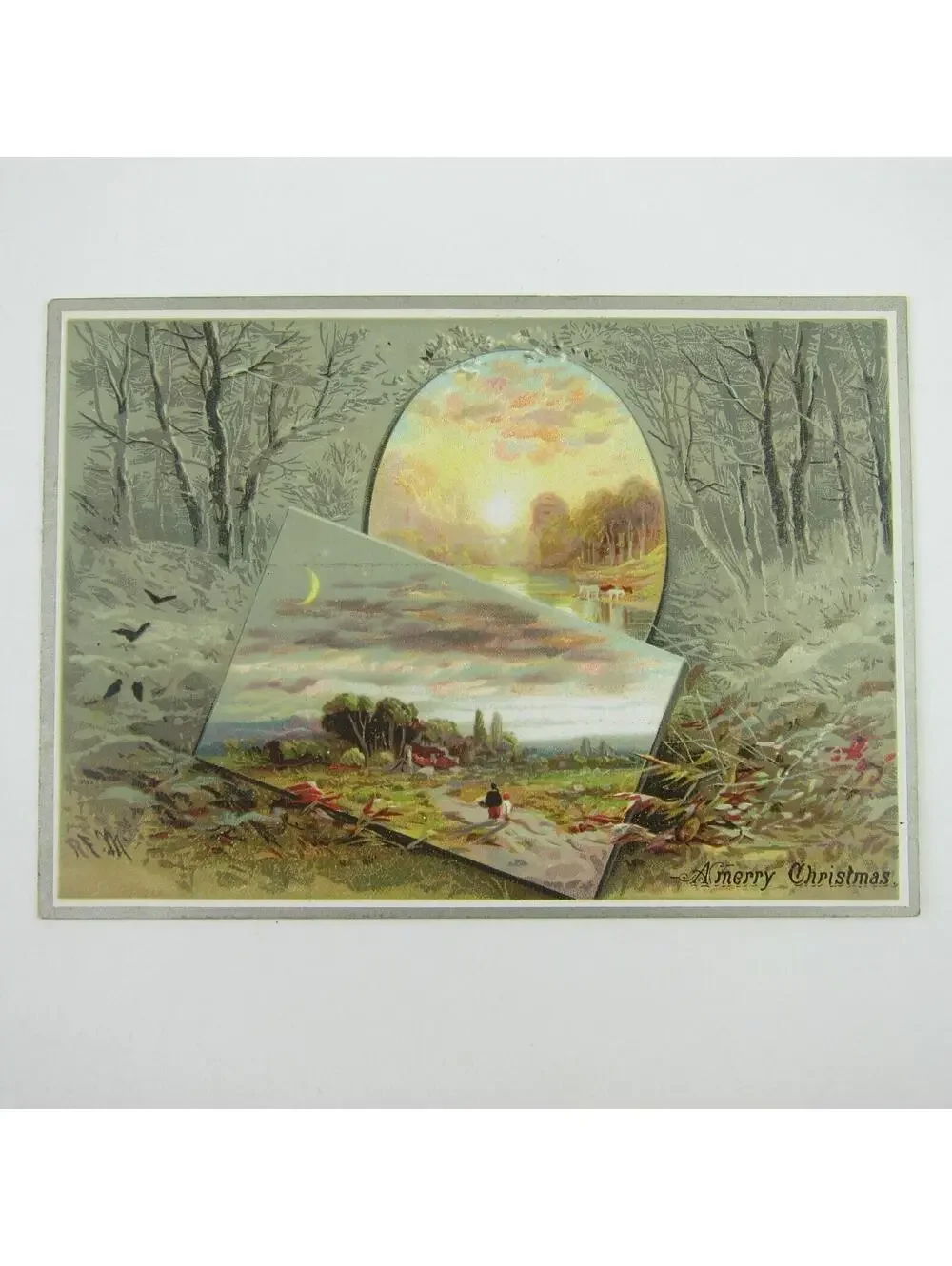 Victorian Christmas Card Raphael Tuck & Sons Rural Woods Stream Animals Antique
